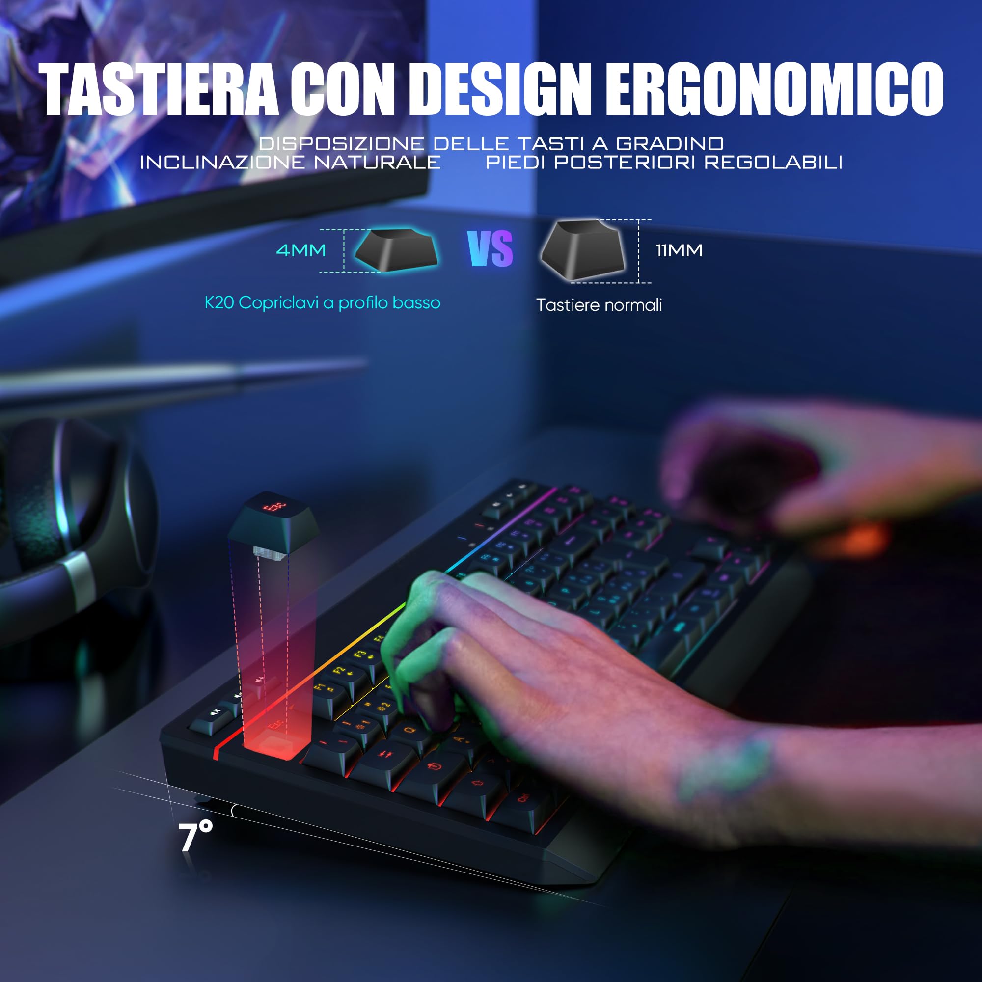 RedThunder K20 TKL Tastiera Wireless Gaming,Batteria Ricaricabile con Retroilluminazione RGB Regolabile,QWERTY Layout IT compatto con 6 tasti multimediali dedicati,USB Tastiera per PC/Laptop(Nero)