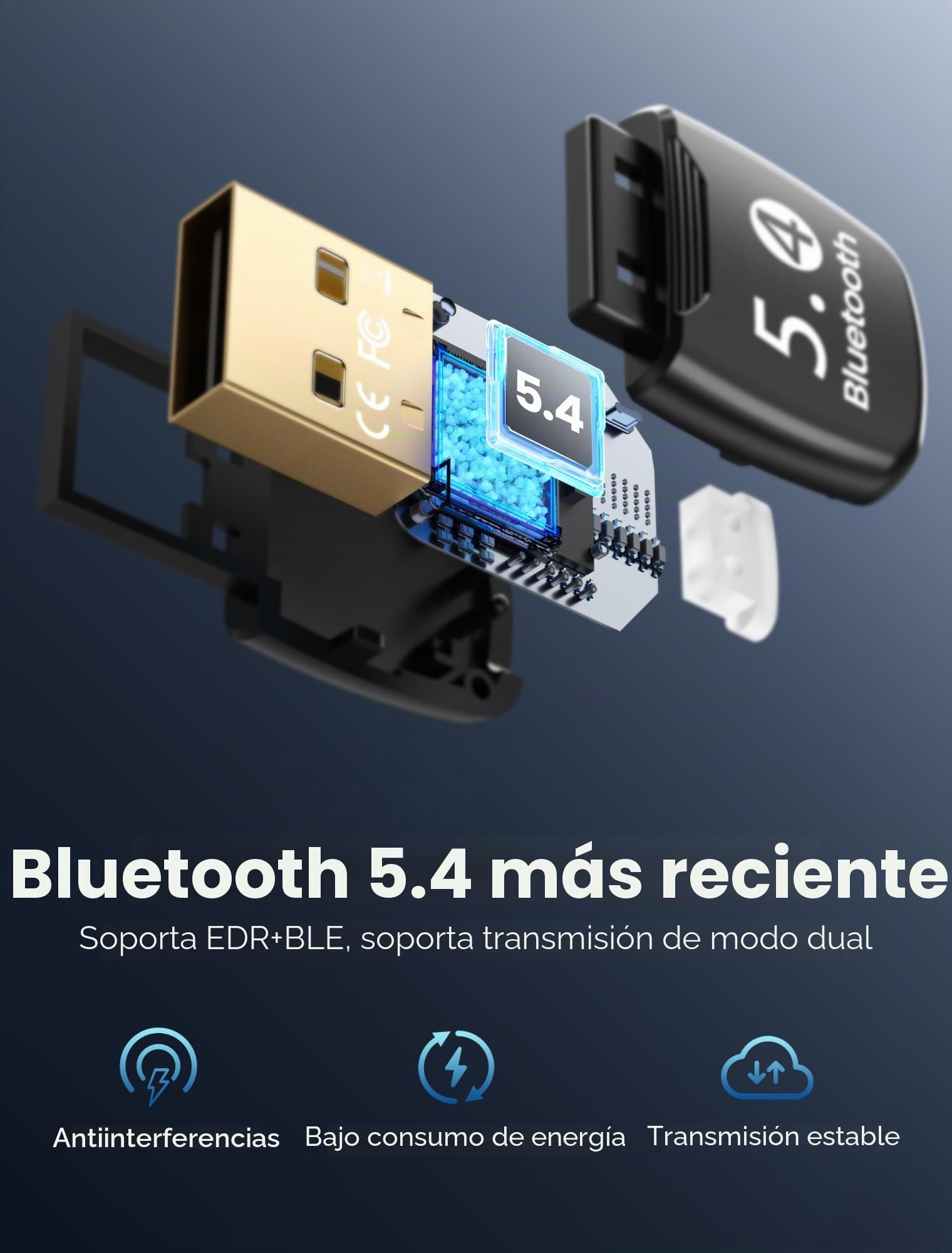 Adaptador Bluetooth para PC 5.4, USB Bluetooth Adapter para Windows 11/10/8.1, Plug and Play, para PC, Portátil, Ratón, Tableta, Auriculares, 7 Conexiones
