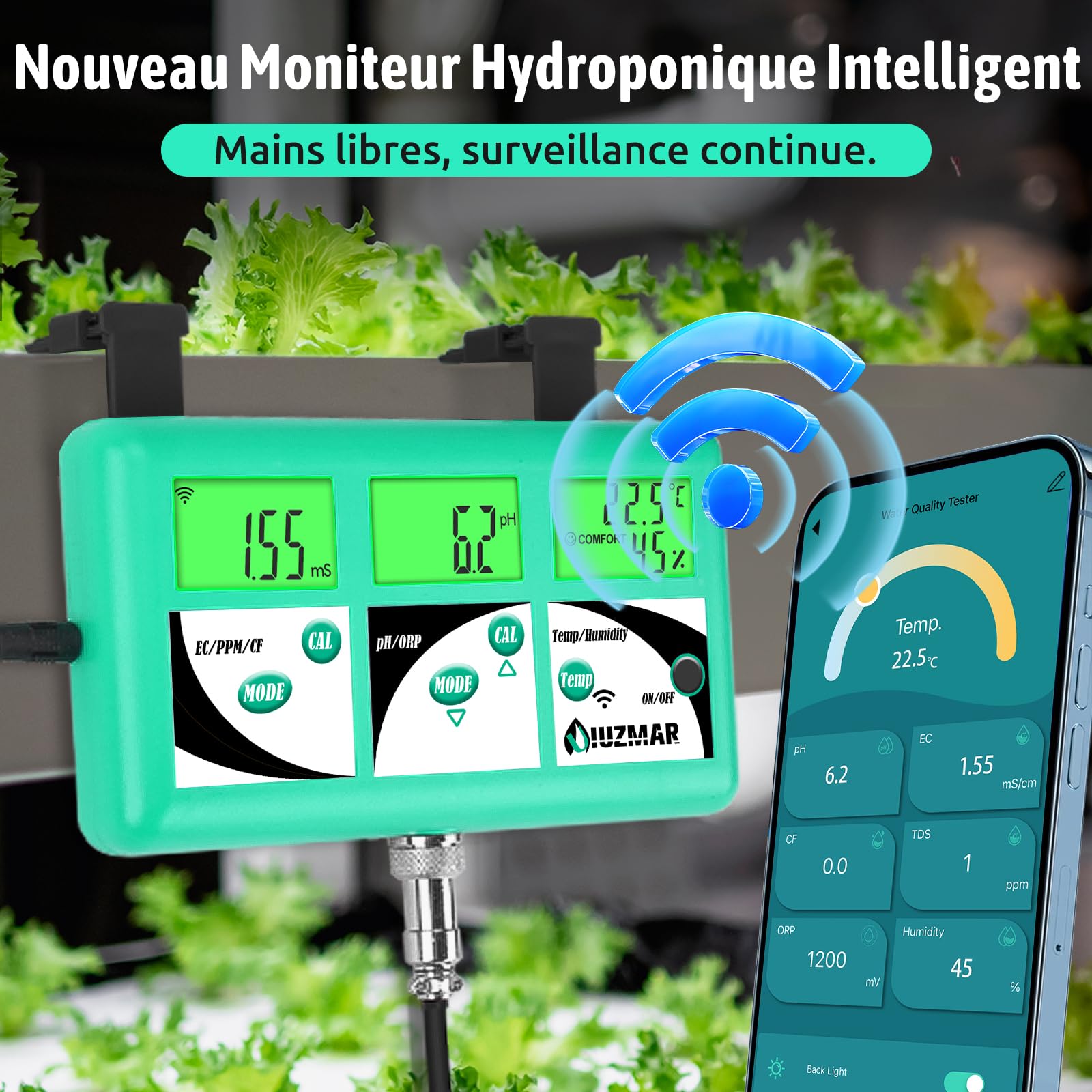 UIUZMAR pH EC TDS Moniteur pour Hydroponie 7 en 1 | pH EC PPM CF Température Testeur D'humidité De L'air Pour L'aéroponie Contrôler La Conductivité pH De La Solution Nutritive