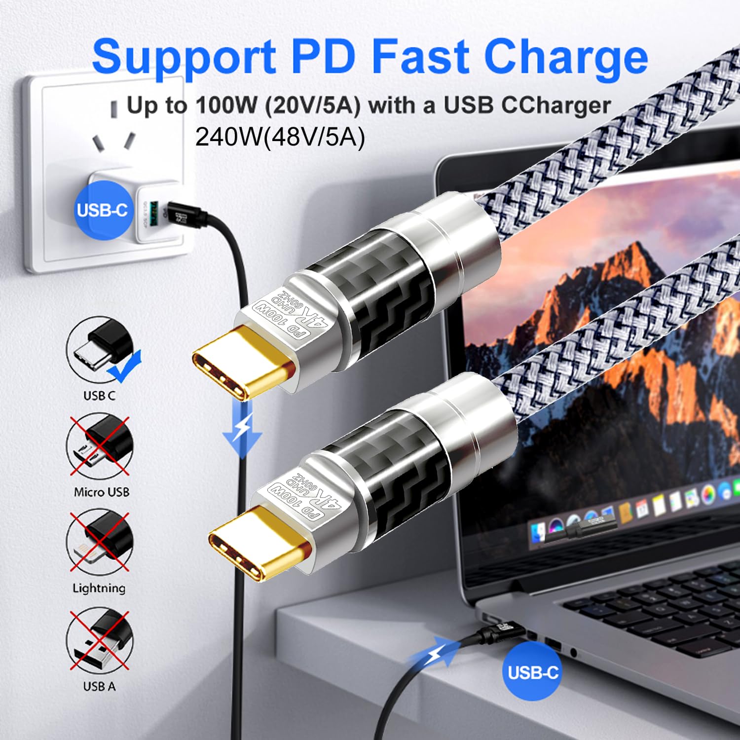 Cavo da tipo C a C, 45 m, ricarica rapida 4K a 60 Hz, 100 W, in fibra di carbonio intrecciata, trasferimento dati ad alta velocità per monitor portatili Xreal MacBook Pro, iPad Pro, iPhone 15