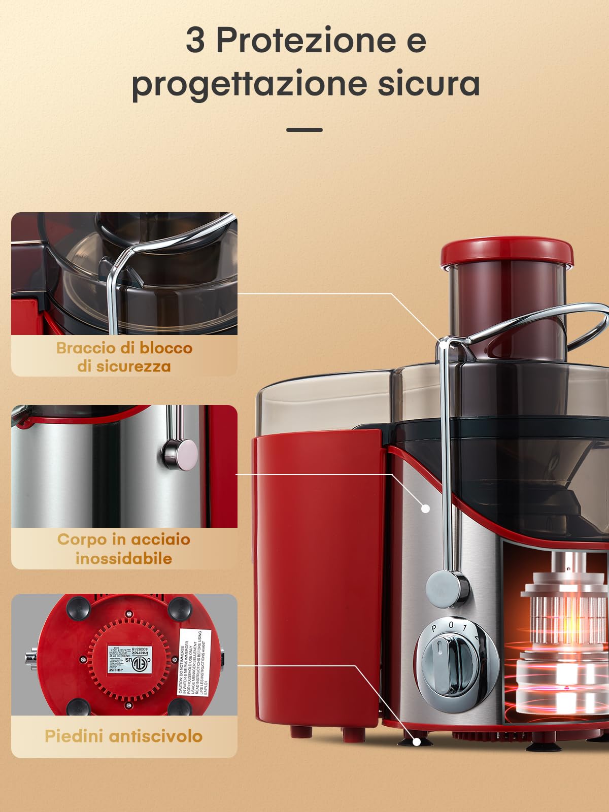 JUILIST Centrifuga Frutta e Verdura, Scivolo di Alimentazione da 65 mm, 3 Impostazioni, con Spazzola per la Pulizia, Facile da Pulire, Senza BPA, Rosso