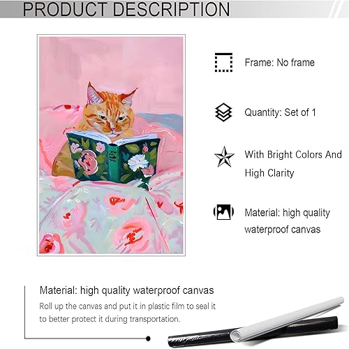 Miniatura 2 de Pósteres de moda de gato naranja lindo minimalista con flores rosadas para mascotas, arte de pared divertido y divertido gato está leyendo, pintura
