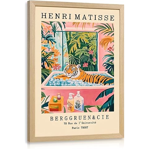 IAFWZX Wood Framed Funny Bathroom Wall Art, Humorous Tiger In Bathtub Wall Decor, Henri Matisse Whimsical Animal Canvas Painting, Colorful Tropical Botanical Artwork for Living Room Bedroom 8