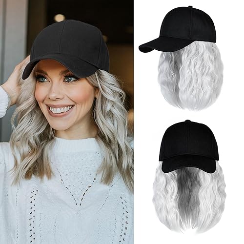 Lansigreen Peluca de gorra de béisbol para mujer, gorra de béisbol con extensiones de cabello, gorra ajustable adjunta de 15 pulgadas, peluca