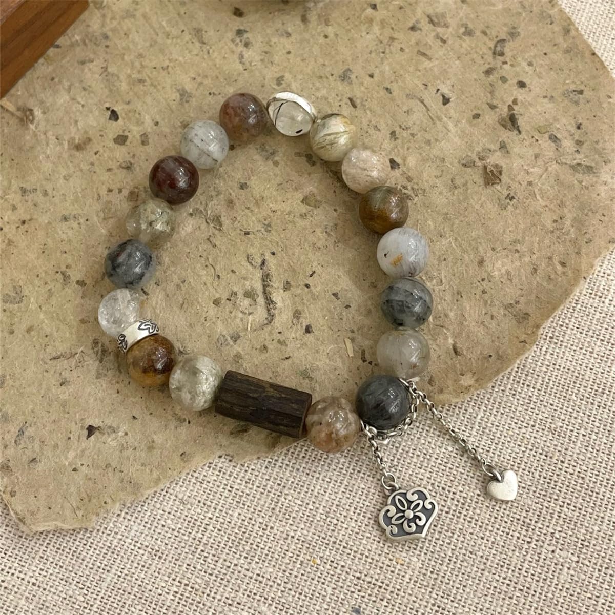 Generisch Armband Aus Sterlingsilber Und Bambus Für Damen, Natursteinarmband Mit Lotusquaste, Echtlederarmband, Vintage Glücksschmuck, Geschenkidee Für Damen Und Herren
