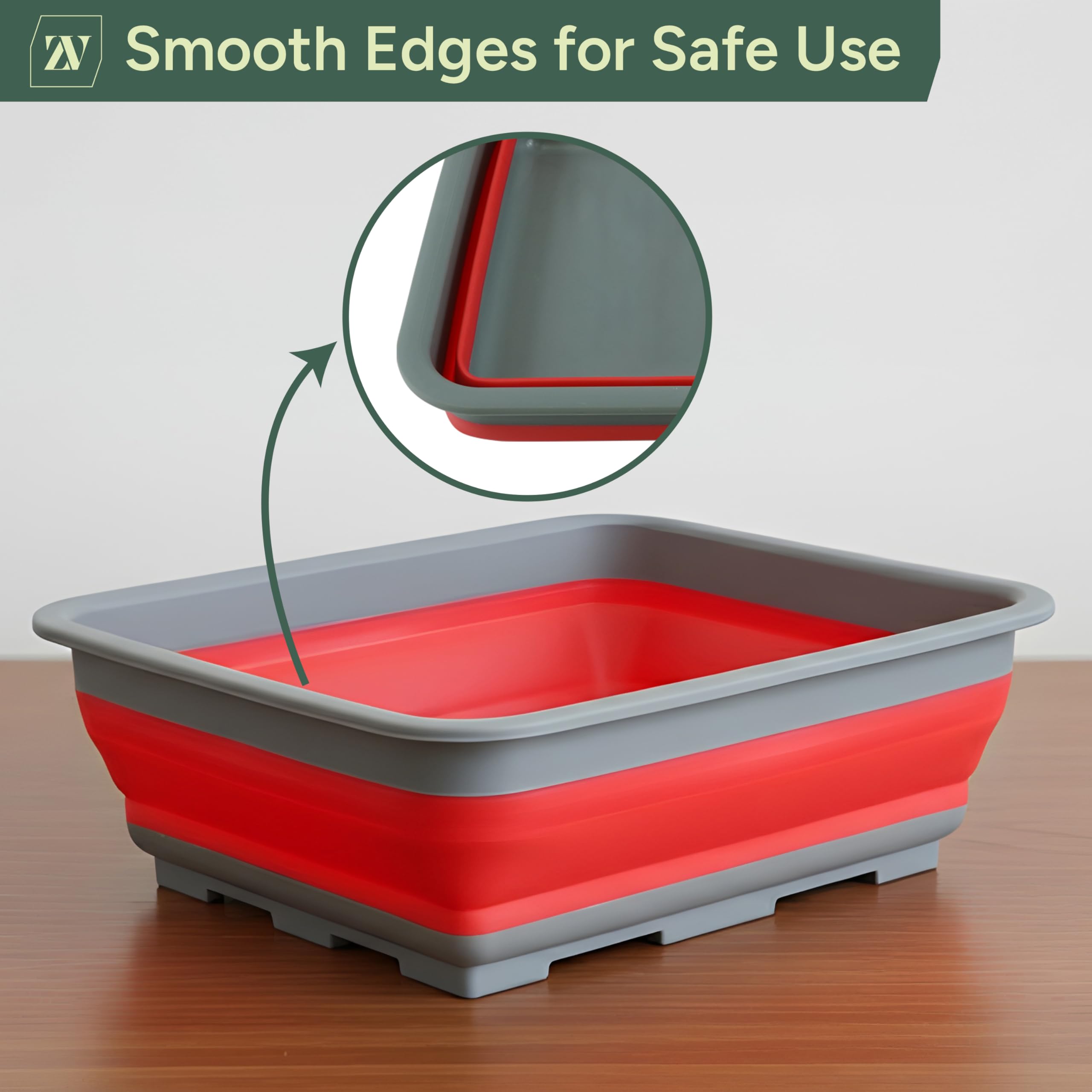 Zuvo Bassine Pliable 10L – Bassine de Vaisselle Pliable et Portable – Récipient Rectangulaire Gain de Place pour Cuisine, Camping, Caravaning & Extérieur – Rouge et Gris