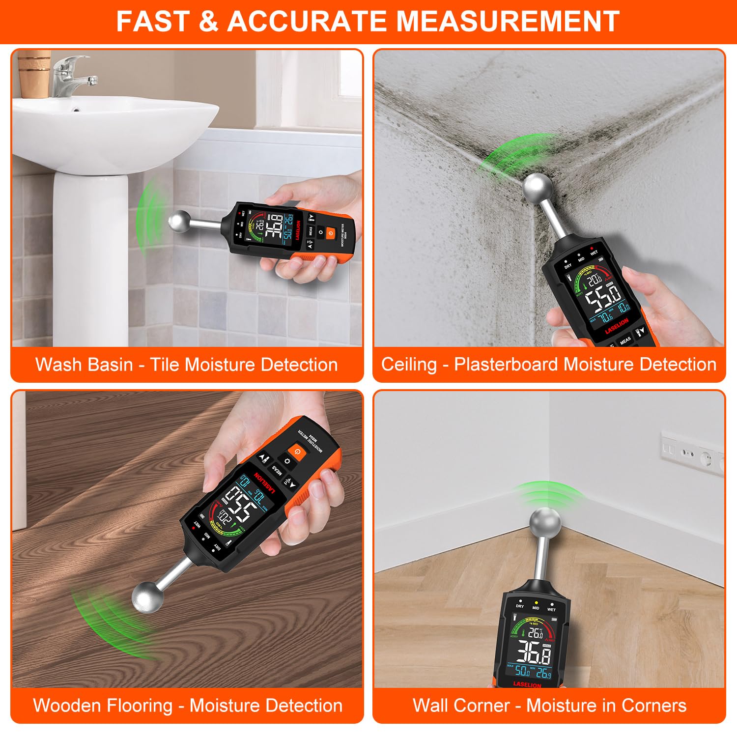 LASELION MS04 Pinless Moisture Meter with Ball Probe for Non-Destructive Area Scans Ideal for Wood Walls and Construction Materials Customizable Humidity Alarms Built-in Flashlight — Amazon image 4