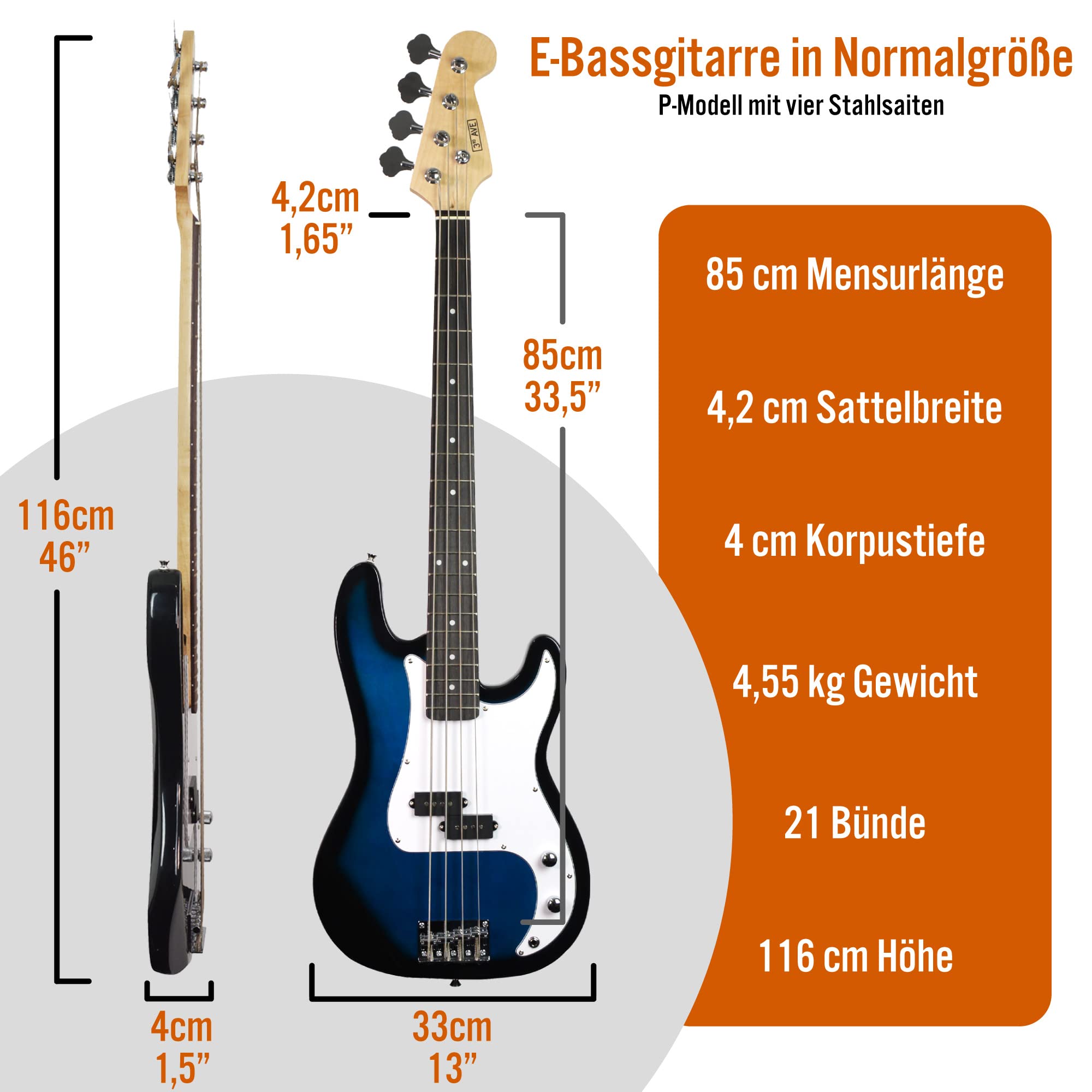 3rd Avenue 4/4 E-Bassgitarren-Set in Normalgröße für Anfänger, mit 15 W Verstärker, Tasche, Kabel, Gurt, Ständer und Ersatzsaiten – in Grün