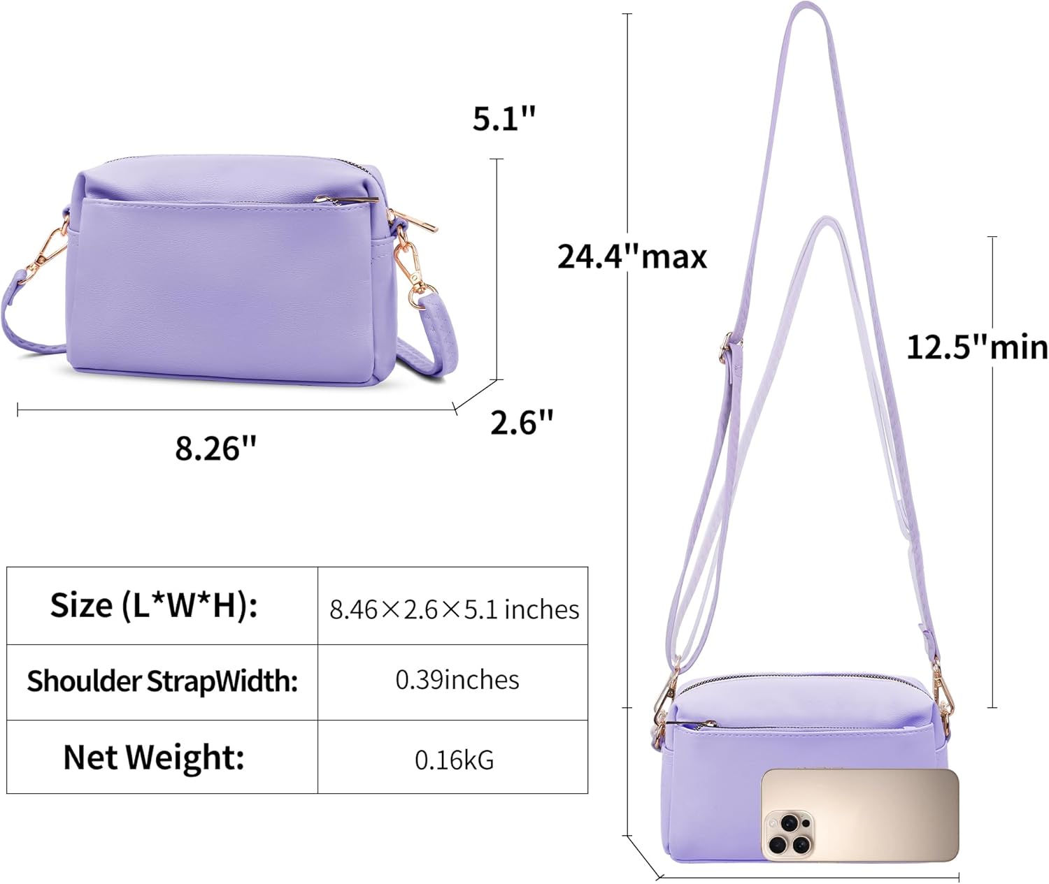 VOROLO Crossbody Bag Small Leather Triple Zip Crossbody Purse Shoulder Bag with Ajustable Strap for Women Lavender - Image 3