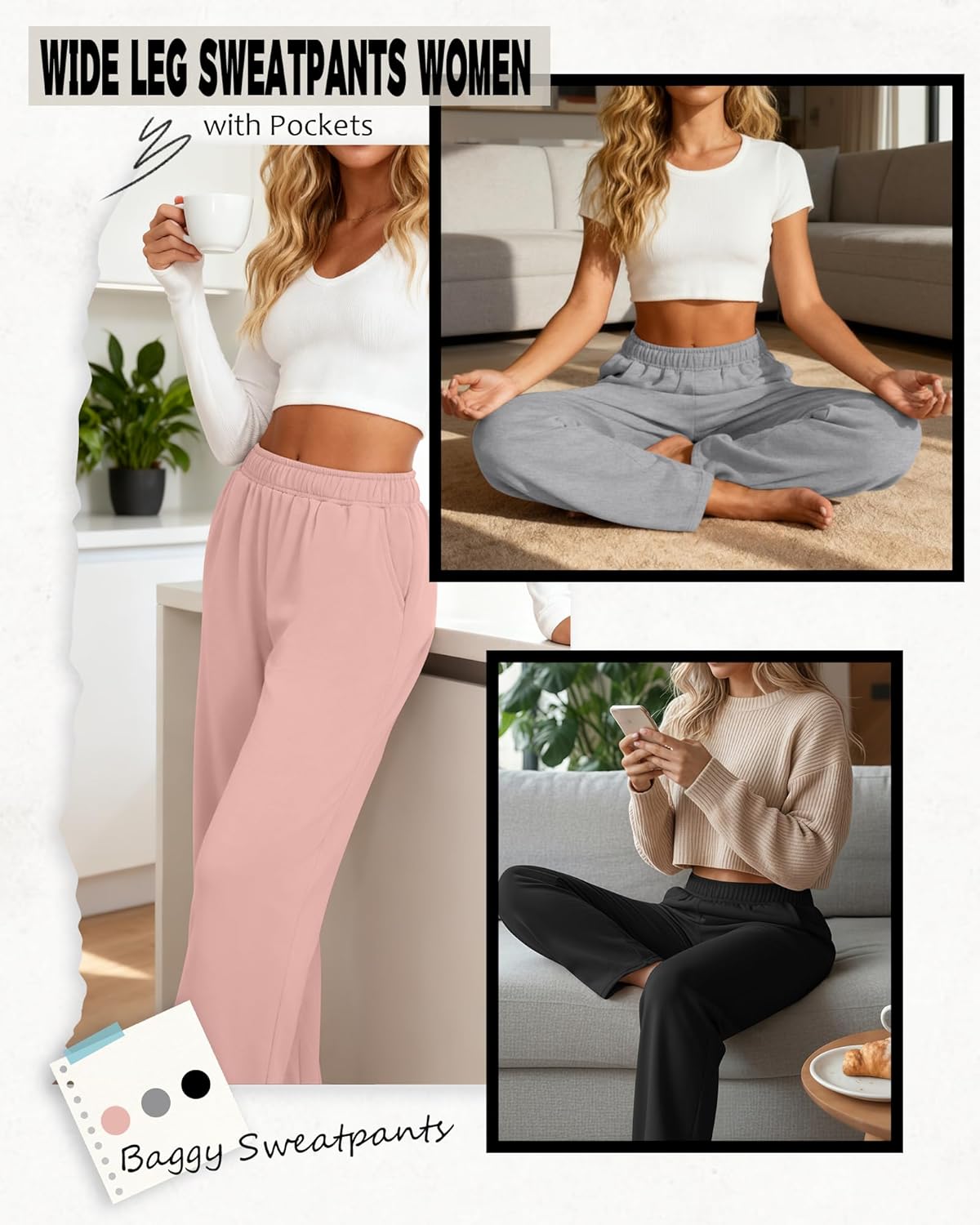 3 Packs Women's Wide Leg Pants Built-in Drawstring Sweatpants Soft Baggy Lounge Yoga Pants with Pockets - Image 3
