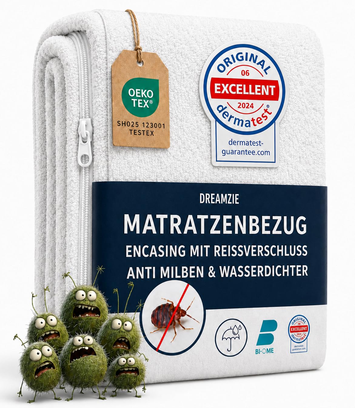 Dreamzie - Matratzenbezug 160x200x25cm - Encasing Milbenbezug - Wasserdicht | Mit Reißverschluss · Anti-Milben & Bettwanzen · Frottee-Oberfläche · Matratzenschoner für Allergiker · Bi-Ome · Oeko-Tex