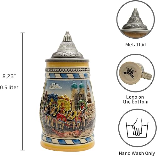 Miniatura 3 de OktoberfestHaus Beer Stein Oktoberfest con tapa grabada München (Munich) Taza de cerámica con escena de Okoberfest, regalos para amantes de la