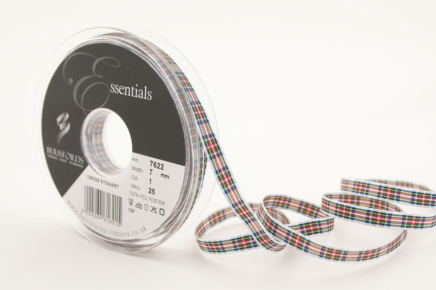Berisfords 7622 25 m x 7 mm Traditional Tartan Ribbon, Dress Stuart
