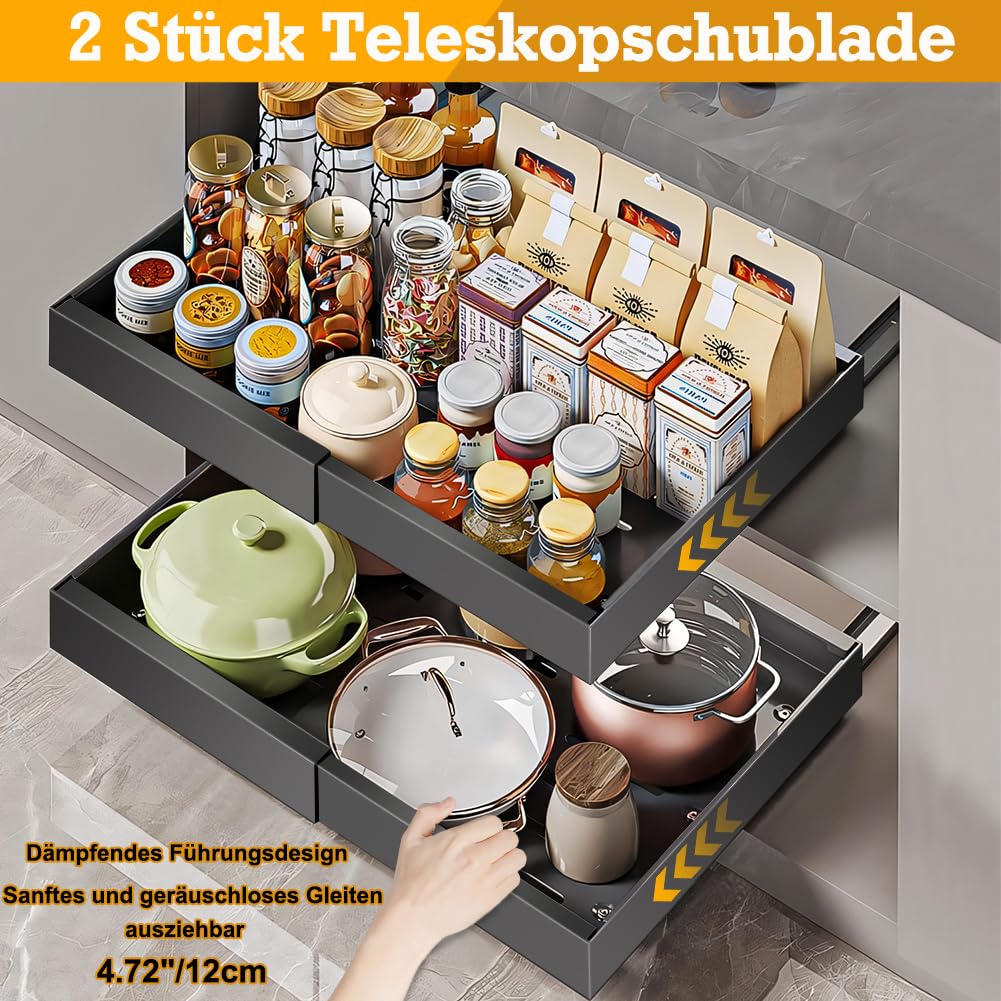 2 Stück Teleskopschublade, Ausziehbare Schublade, Küchenschrank Organizer | für Küchenschränke, Schubladen Aufbewahrungsregale (32–48 cm B x 42 cm T x 6 cm H), Kein Bohren und Nageln Erforderlich