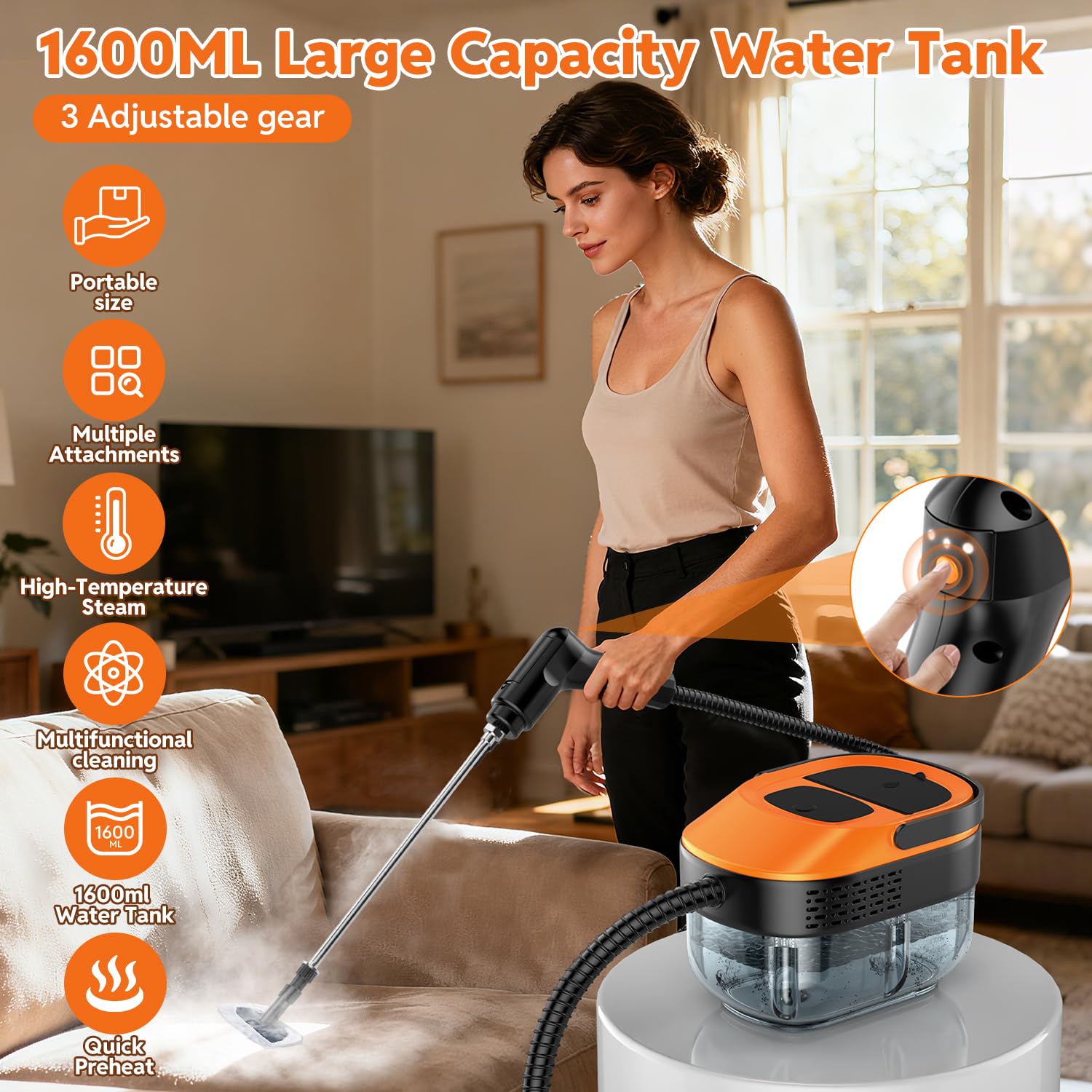 Limpiador de vapor para el hogar y el automóvil, vaporizador de mano de calor rápido de 15 segundos para limpieza, tanque grande de 1.6 L, control de vapor de 3 niveles con kit de accesorios de 17