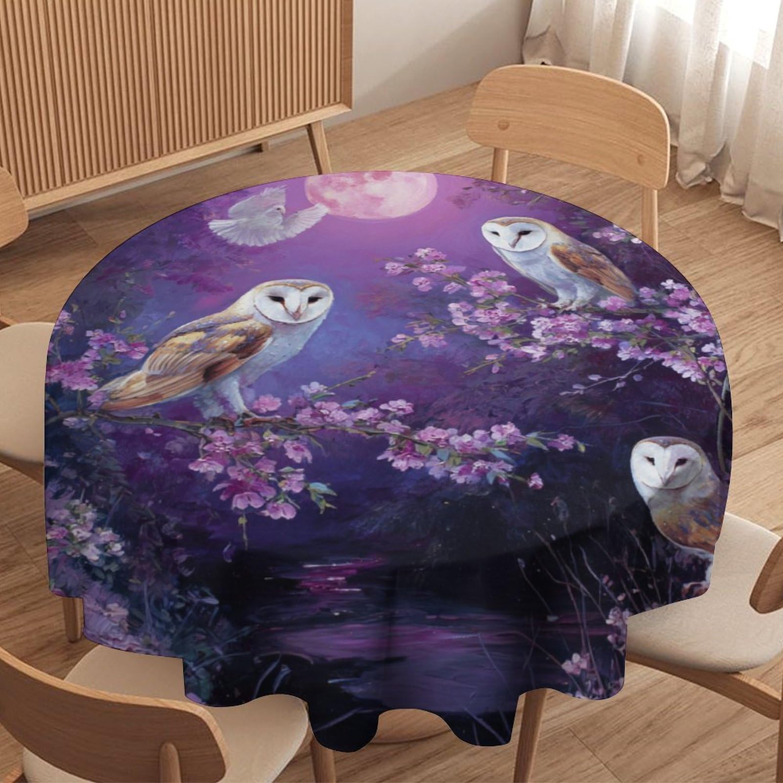 LUYYSKY Rustic Beautiful Birds Owls Waterproof Round Tablecloth Retro Watercolor Full Moon Cherry Blossom Trees Animals Owls Pattern Washable Table Cover for Kitchen-91.4" Wx91.4 L cm