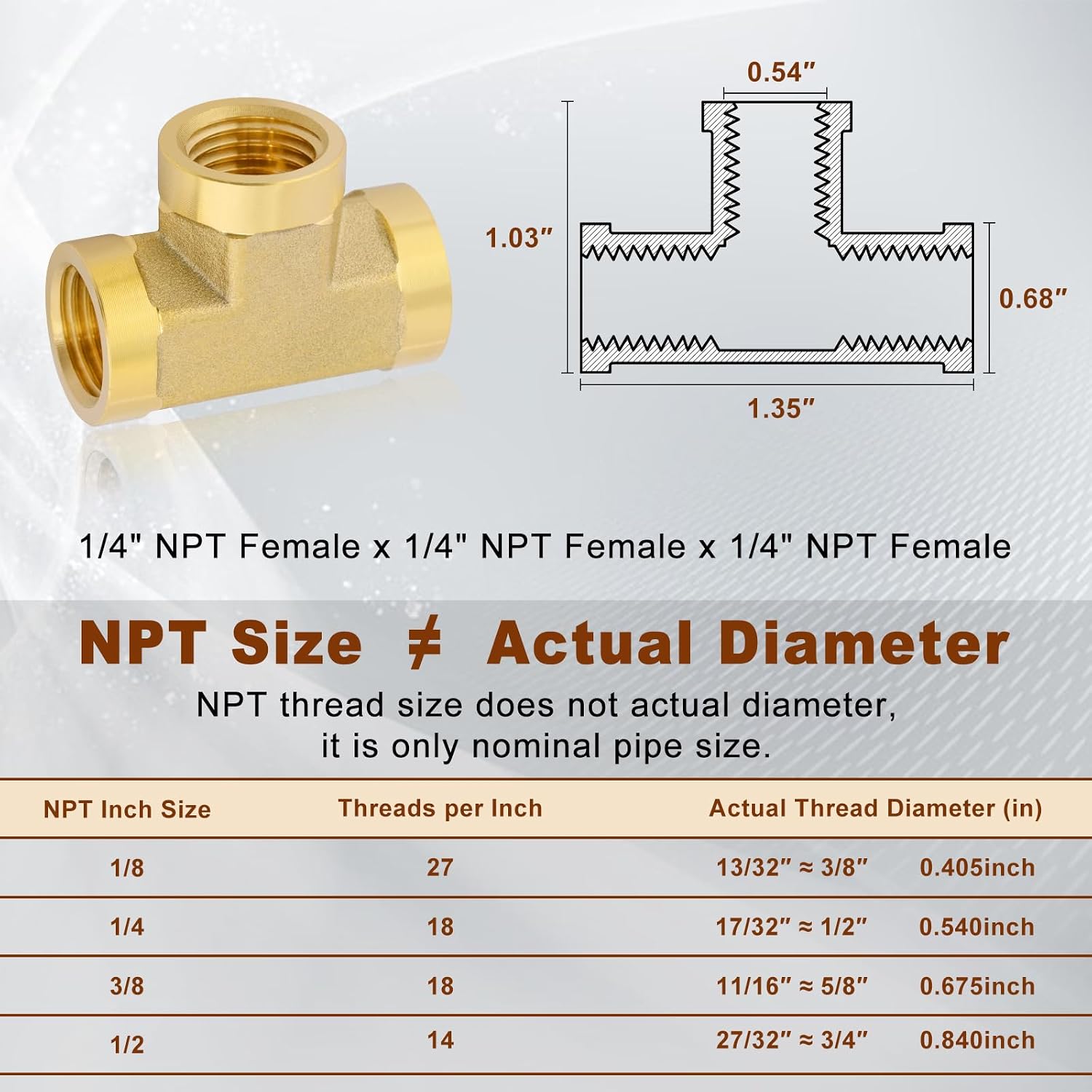 5PCS 1/4" NPT Female Brass Tee Fitting with Teflon Tape, 3-Way Pipe Fitting | Forged Brass Barstock Tee Adapter, 1/4" NPT Female tee fitting, for Air/Water/Oil Lines, Leak-Proof