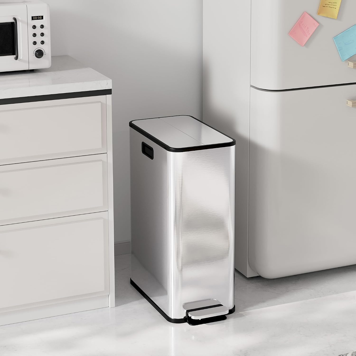 Dual Step-On Kitchen Trash Can, 2 * 7.4Gal/28L Step Trash Can with Dual Compartment Kitchen Garbage Can for Waste & Recycling Bins,Slow-Close Lid/Odor Control/Stainless Steel