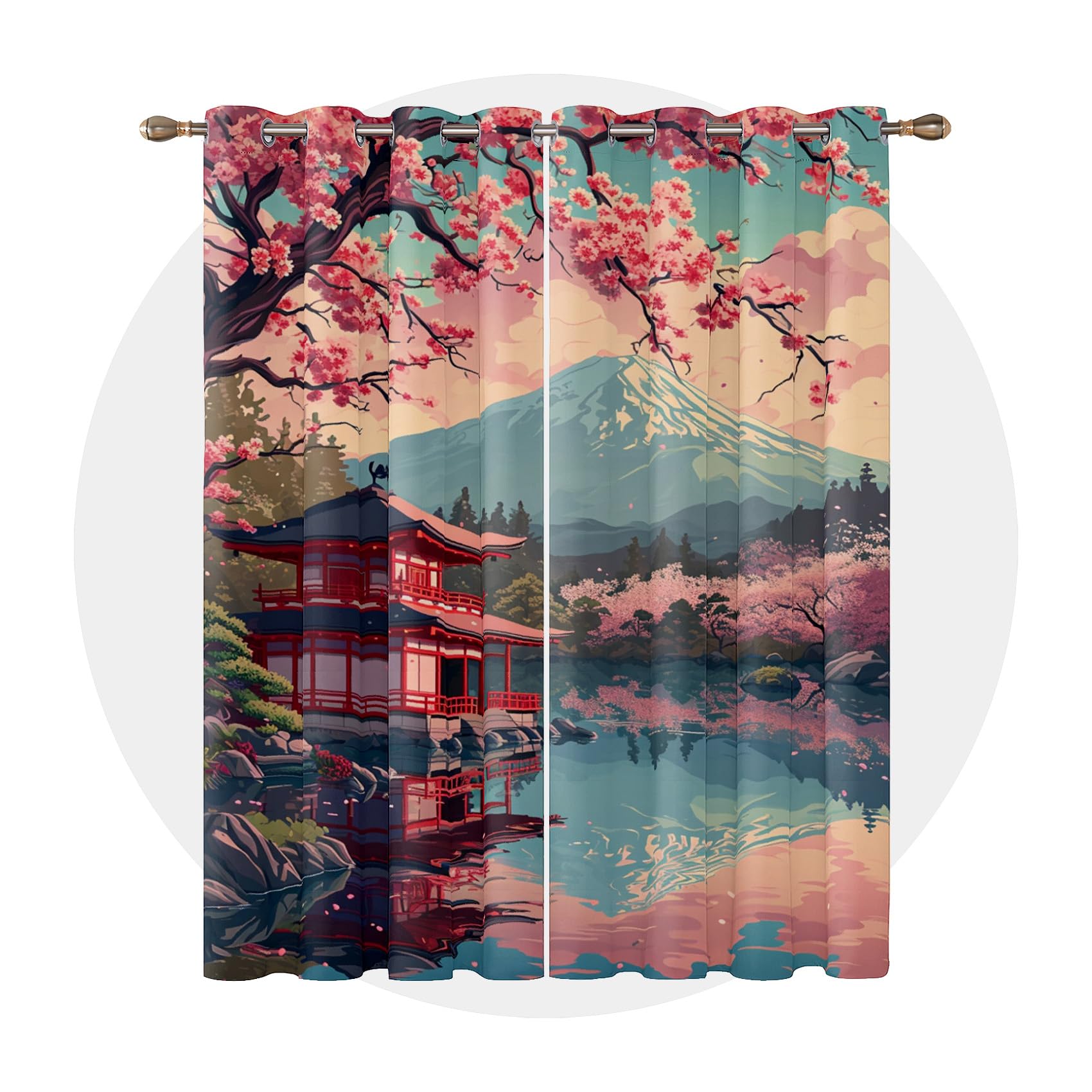 Vorhänge Japanische - Kirschblüten Landschaft Mount Fuji Fenster Gardinen mit Ösen, Vorhang Blickdicht Verdunklungsvorhänge Thermovorhang für Wohnzimmer Deko 2er Set, H 220 x B 140 cm L#-272