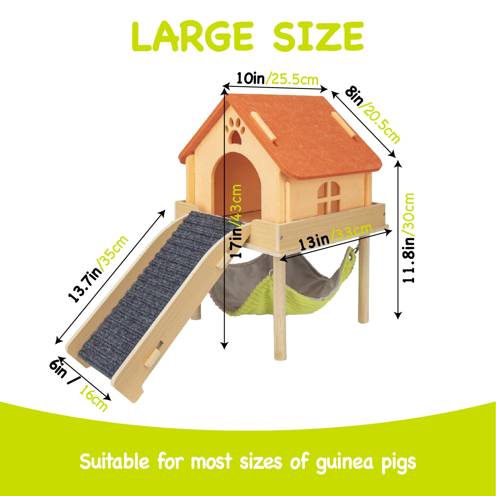 BESNEW Hamaca de cobaya 3 en 1 ampliada, escondite de madera con casa, plataforma y escaleras, juguetes de animales pequeños para ocultar actividades para dormir