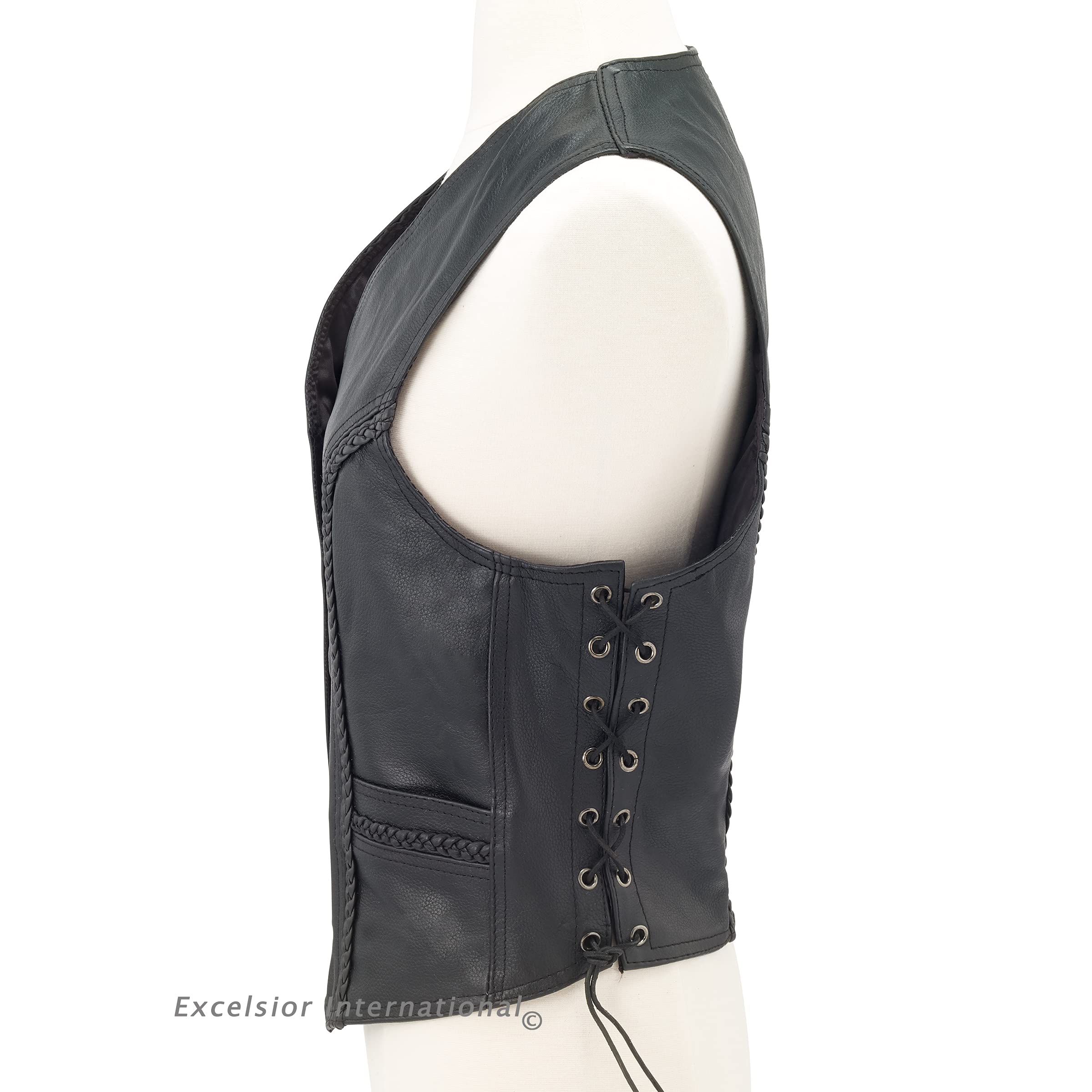 Womens Black Leather Motorcycle Vest With Braid on Front and Back Side Laces concealed carry (XL, Black)