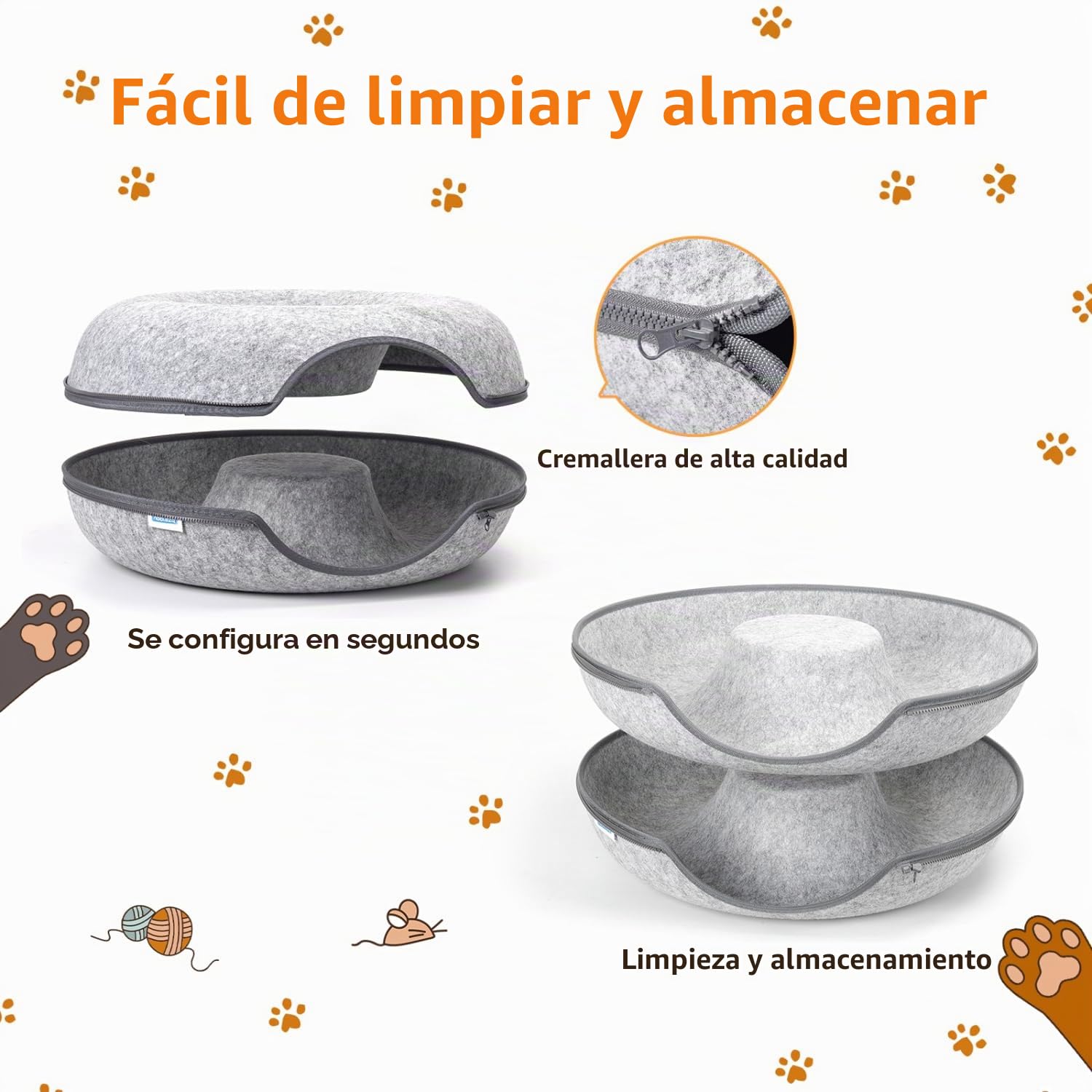 Nobleza Túnel para Gatos de Fieltro, Cama para Gato Extraíble con Cremallera, Casa para Gatos Interior, Apta para Gatos Medianos y Grandes de hasta 13 kg, 60×60×26cm, Gris