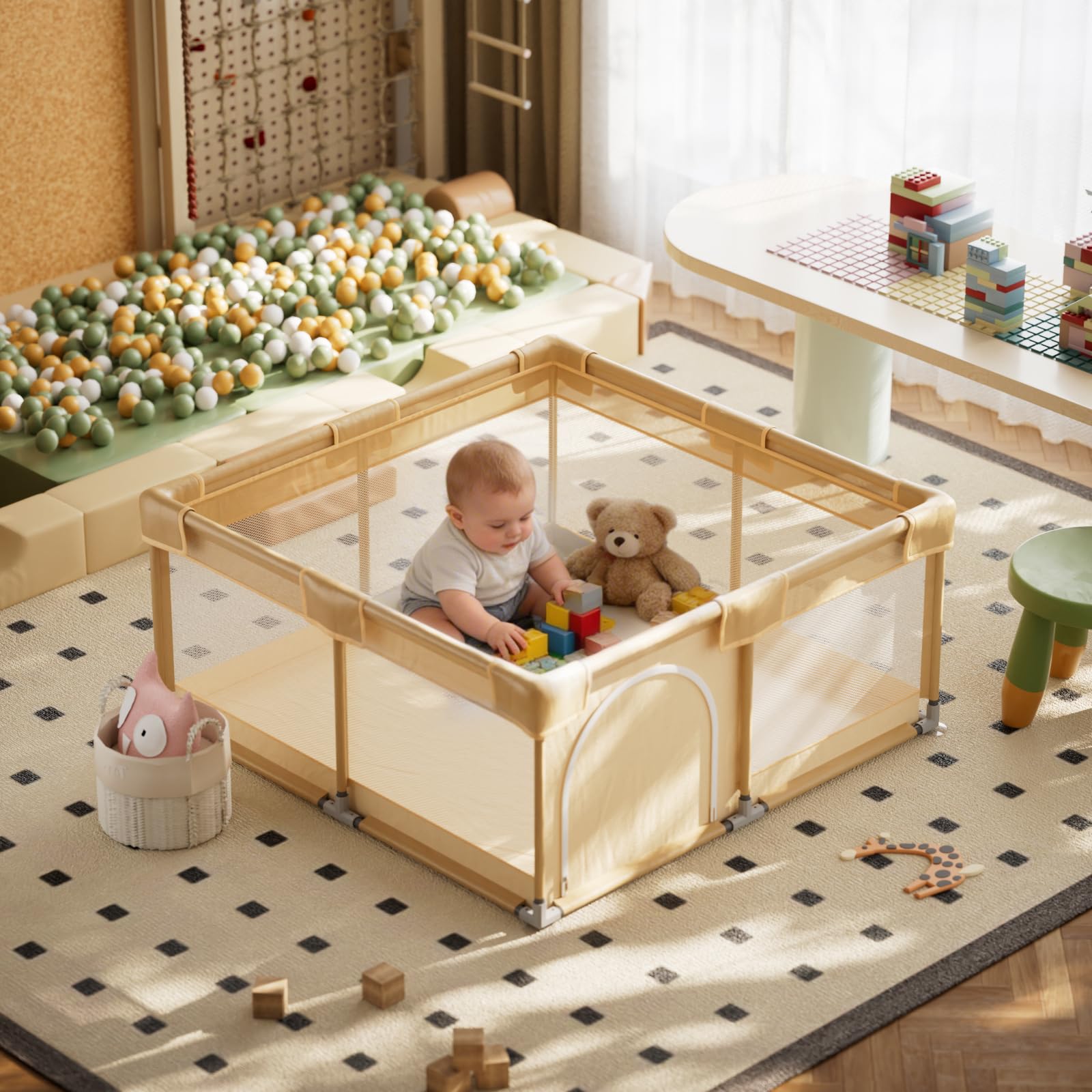Koonmi Parc pliable pour bébé - 150 x 150 cm - Beige | Filet respirant avec tissu et ventouses, aire de jeu pliable pour bébés et tout-petits, intérieur et extérieur