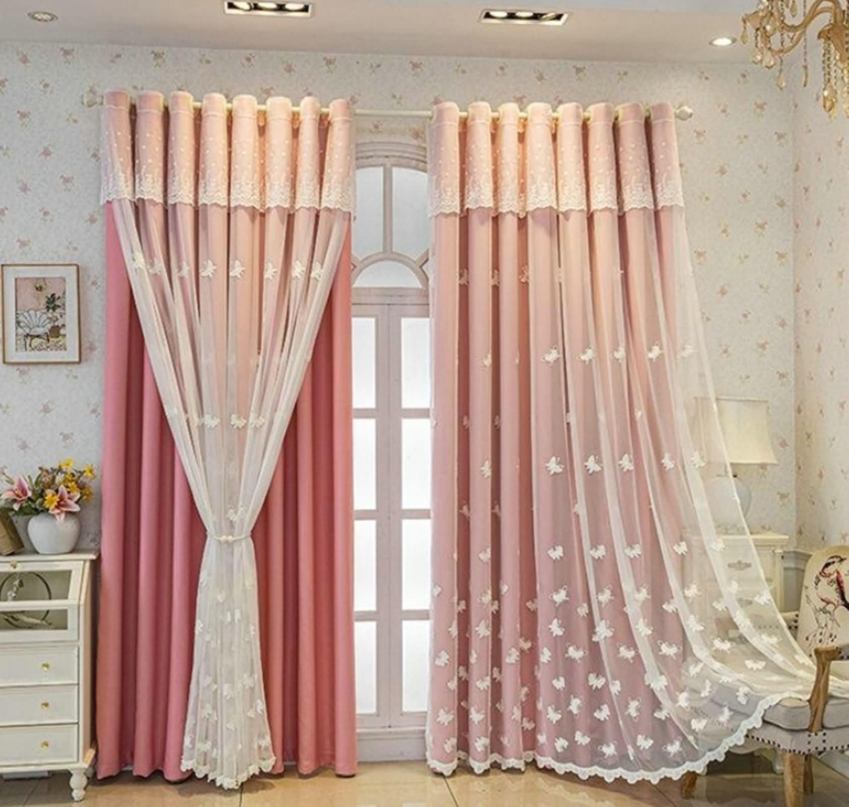 Rideaux occultants thermiques roses double couche à oeillets 102x244cm pour salon