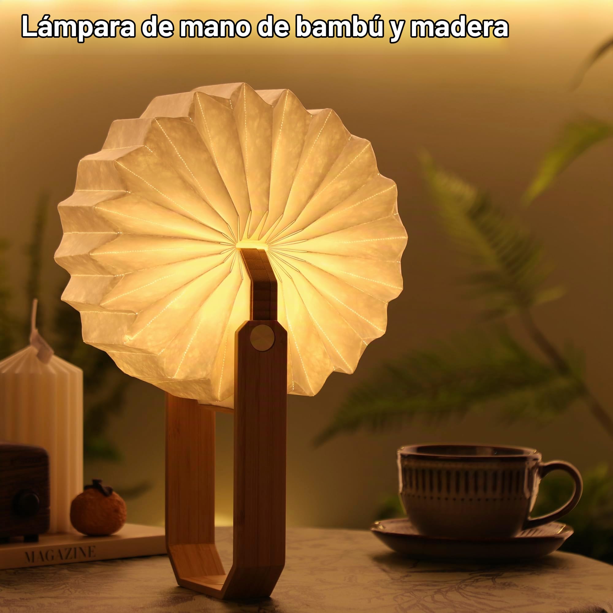 Lámpara de Mesa de Madera con Asa, Lámpara de Linterna Japonesa, Luz Ambiental, Lámpara de Ambiente, Lámpara LED Recargable para Hogar & Exterior & Fiesta & Regalo (Bambú)