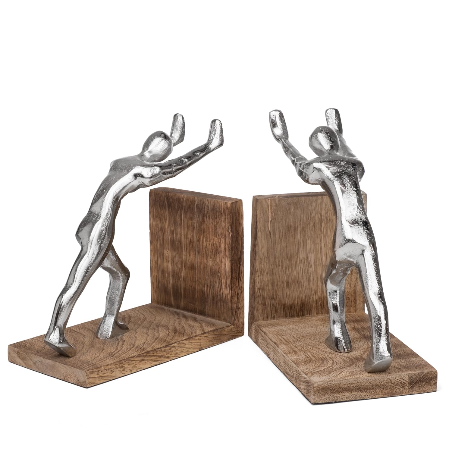 Moritz Buchstützen modern aus Aluminium und Mangoholz - 17,5x9,2x18,5 cm - 2er-Set Buchhalter Figuren Deko Skulptur Silber auf Holzsockel - stilvolle Deko für Wohnzimmer Büro Regal