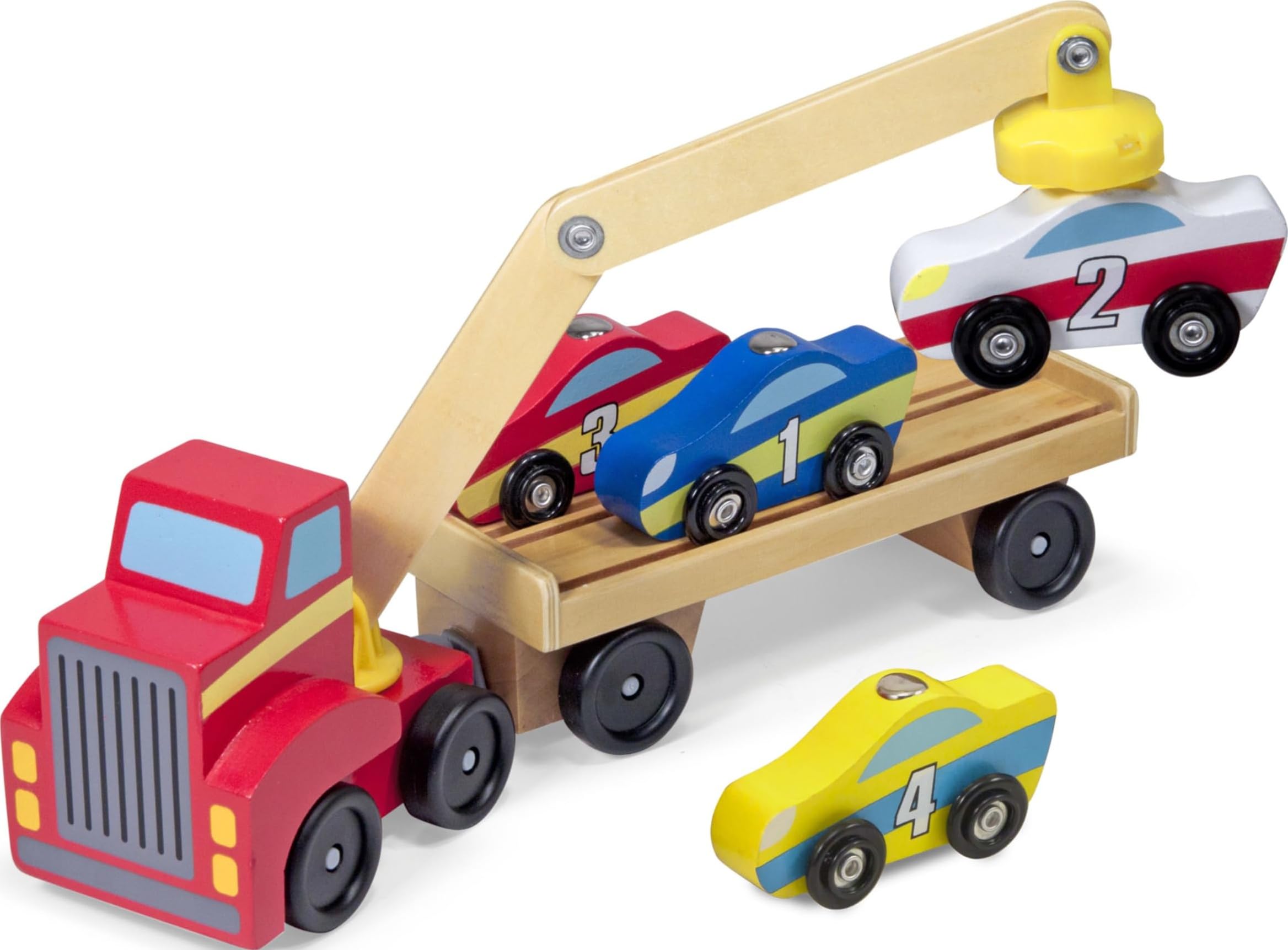 Melissa & Doug Magnetic Car Loader Wooden Toy Set with 4 Toy Cars