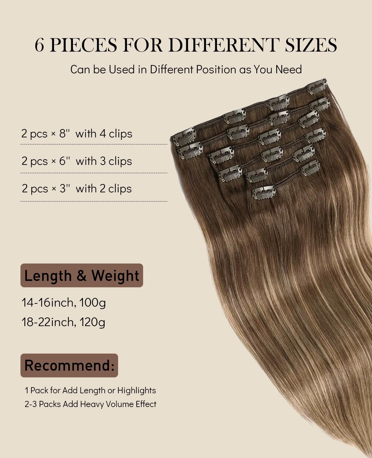 VINBAO Clip in Extensions Echthaar Balayage Remy Haarverlaengerung Echthaar #4/27/4 Dunkelbraun bis Karamellblond mit Blond 22 Zoll 120g 6Stück Doppelt Tressen (#4/27/4,55cm)