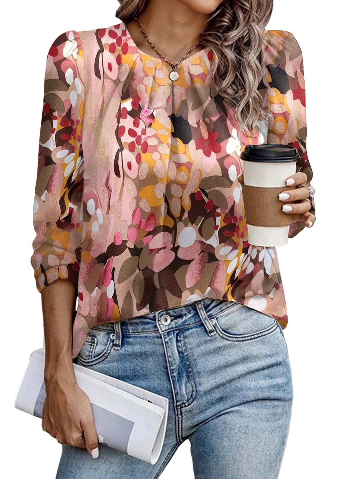 Samefar Womens Tops Dressy Casual Pleated Crew Neck Long Sleeve Shirts Office Work Chiffon Blouses