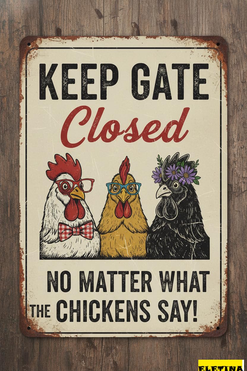 Vintage Metal Tin Sign for Peeking Chicken 8x12 Inch Keep Gate Closed Farm Chicken Warning S Wall Poster Plaque Farmhouse Kitchen Backyard Garden Barn Porch Patio Shed Private Property Decorative