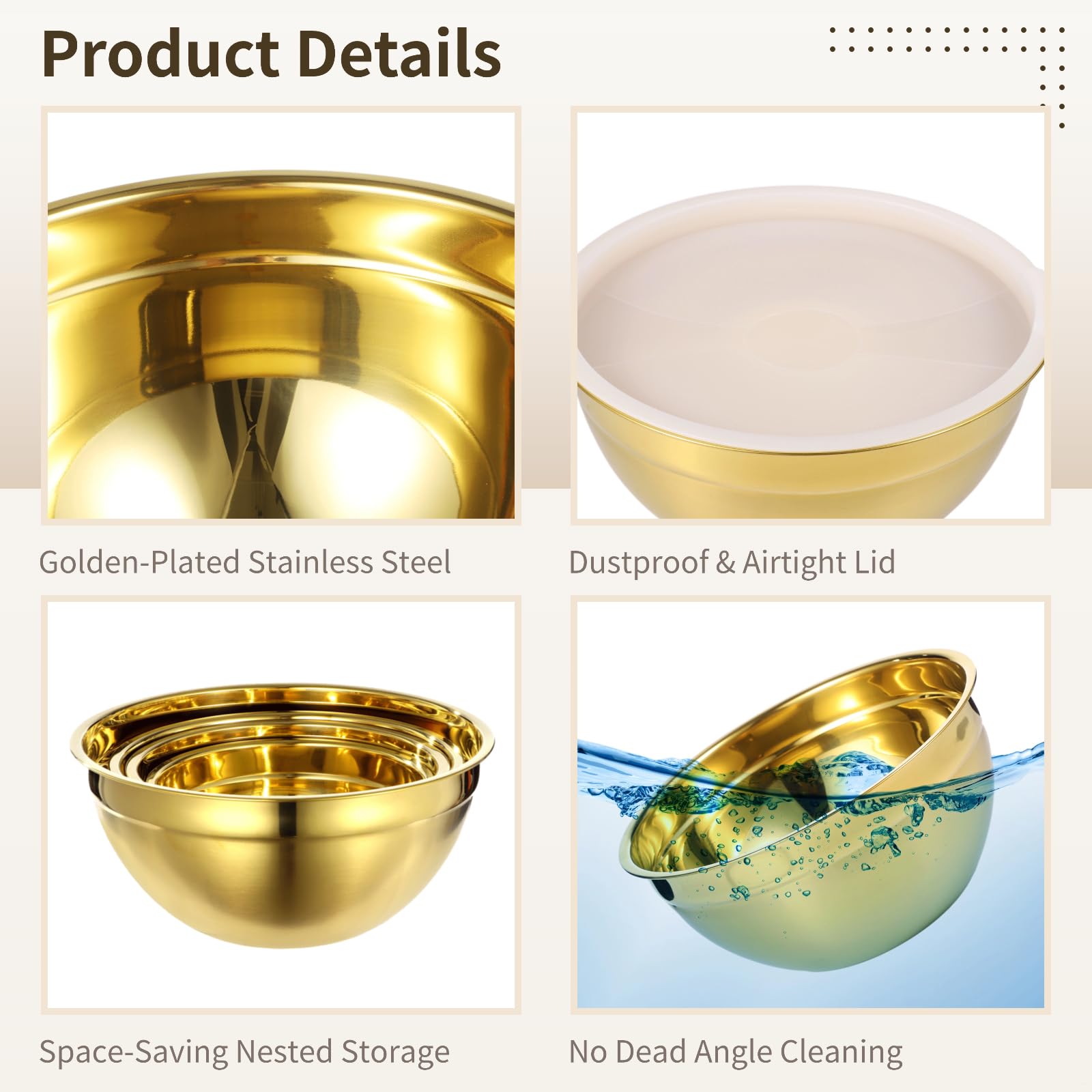 Edelstahl-Rührschüssel-Set, 5-teilig, goldene Salatschüsseln mit Deckel und Sieb, 4 Größen, zum Backen, Vorbereiten von Mahlzeiten und Servieren