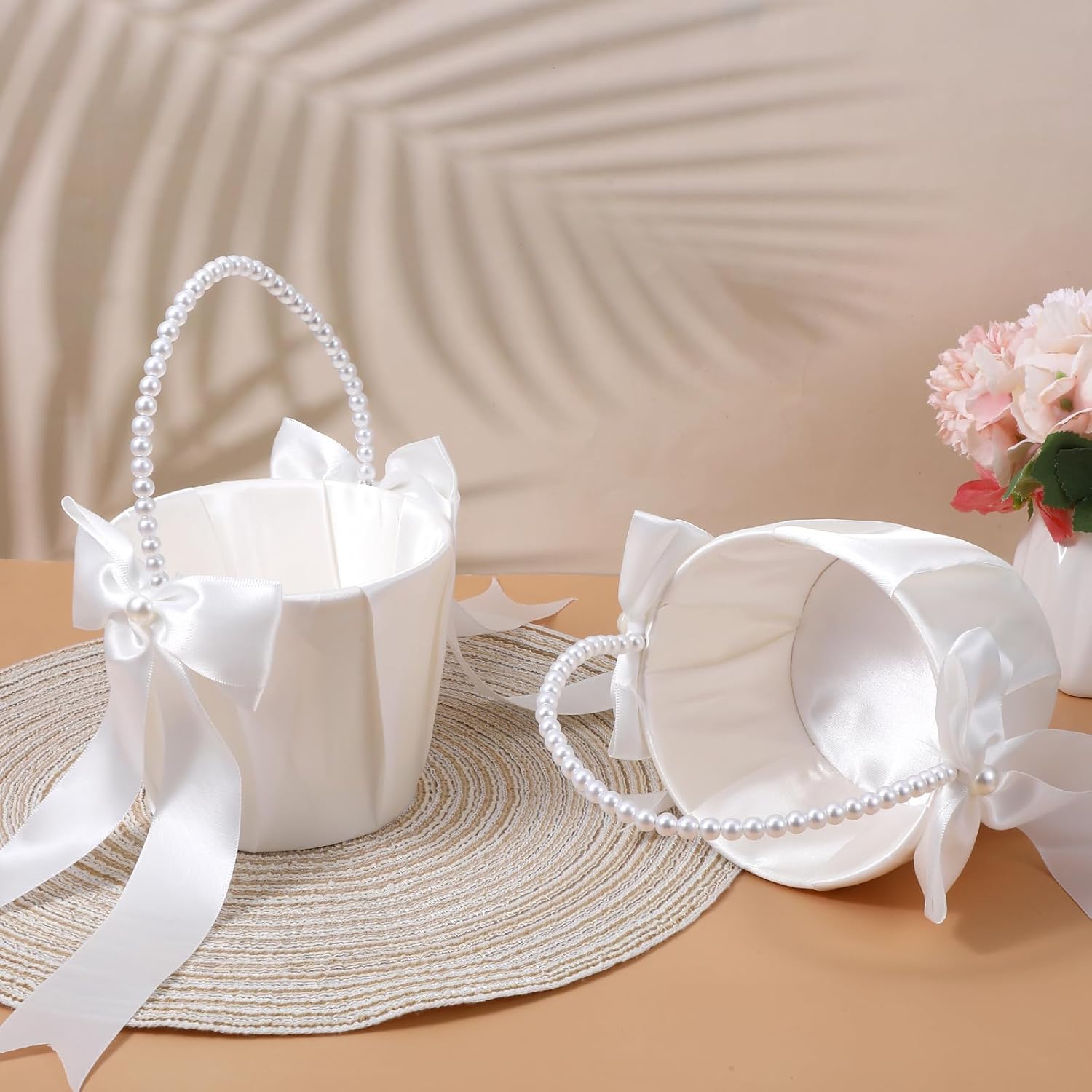 Set of 4 Ivory Wedding Flower Girl Basket with Pearl Handle, Satin Fabric Baskets for Romantic Ceremony Decoration