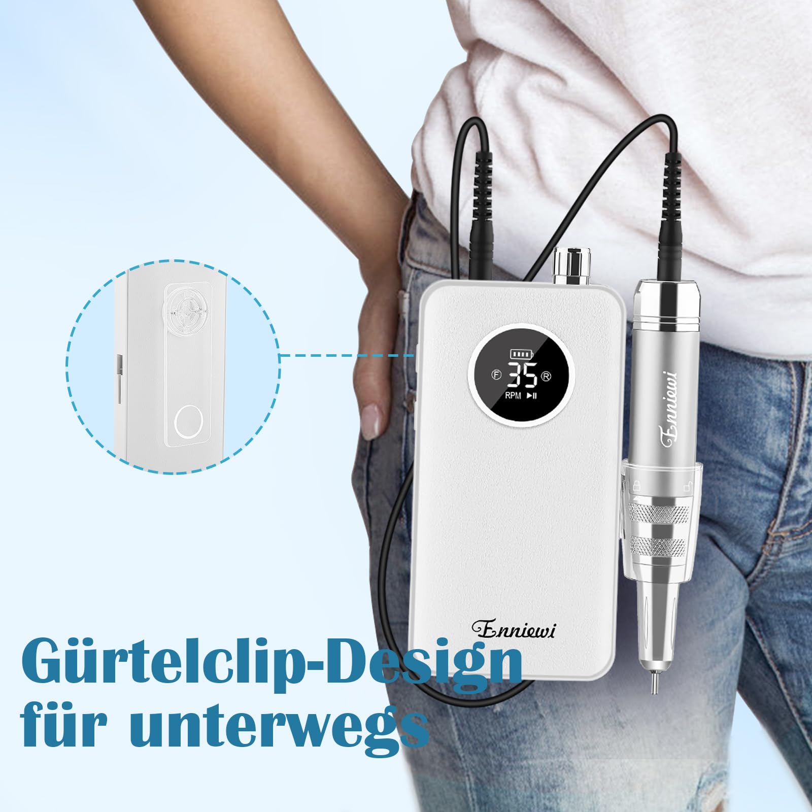 Nagelfräser 35000RPM für Gelnägel, Wiederaufladbarer Elektrischer Nagelfräser mit LED-Anzeige, Tragbar, Geräuscharm, Professionelles Maniküre- und tragbares nagelfräser klein, 48W, Weiß