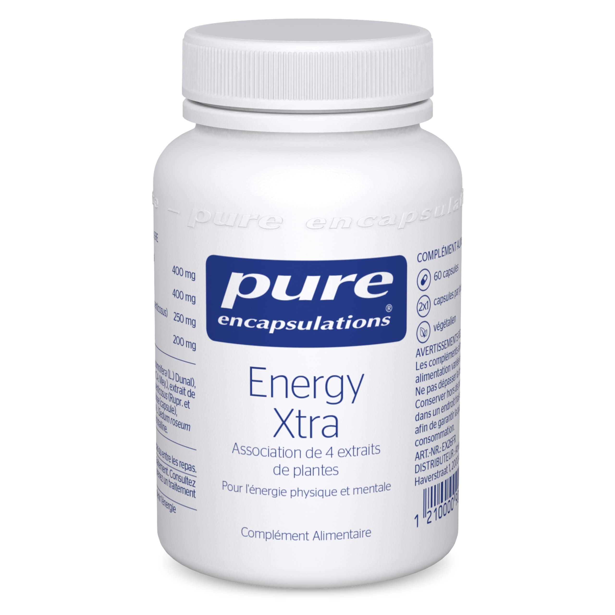 Pure Encapsulations - Energy Xtra - Association de 4 Extraits de Plantes - Panax Ginseng, Ginseng de Sibérie & Rhodiola - Énergie Physique et Mentale - 60 Gélules Véganes | 4 Plantes dont Ashwagandha, Gestion du stress, Endormissement, Mémoire, Végan, Com