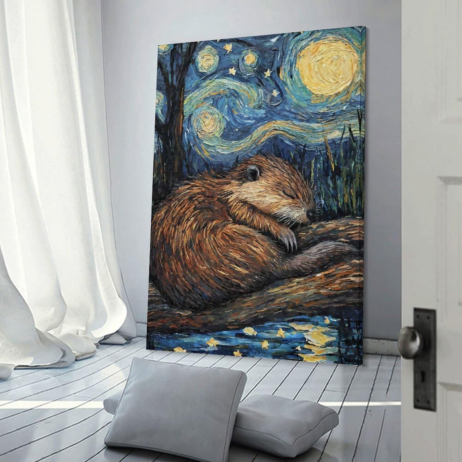 Junmoney Frame-Style-11 Decorative Wall Artwork Beaver Sleeping Starry Night, 20X30inch(50X75cm), For Contemporary Homes, Apartments Or Offices, An Easy Choice For New Home Styling