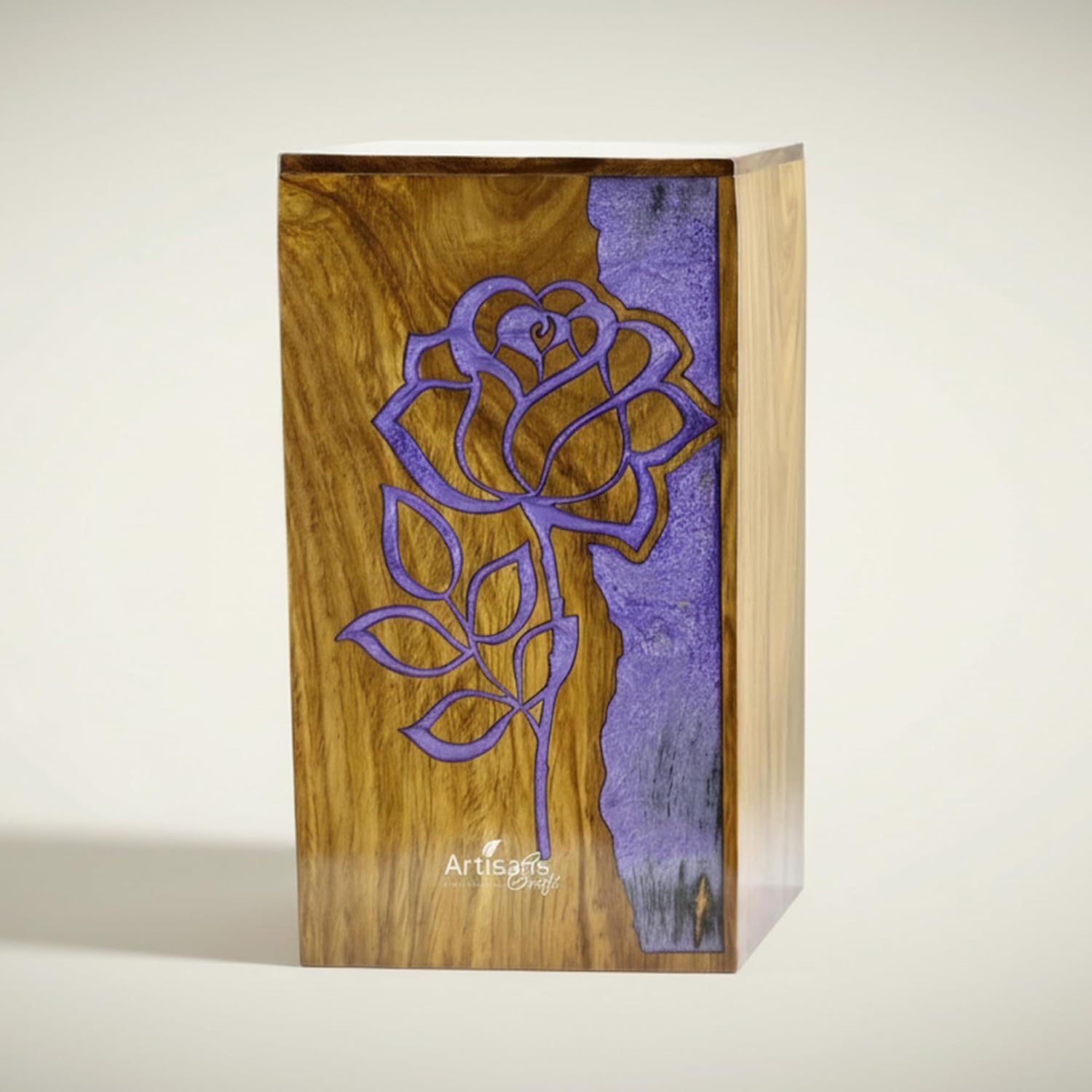 Wooden Cremation Urn for Human Ashes Medium 150 Cu In | Handmade Resin Rose Design Memorial Urn Box | Decorative Funeral Urn for Ashes | Elegant Wooden Burial Urn Keepsake for Loved One