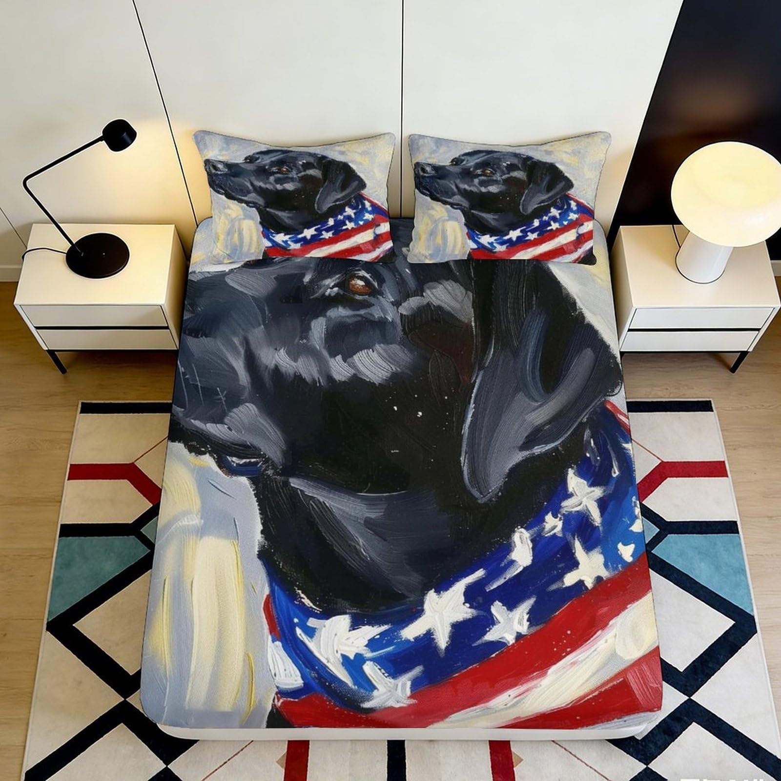 3D Printed Black Labrador Dog Fitted Sheet Microfiber Soft American Flag Bed Cover Bedroom Dorm Mattress Protector 90x200x25cm