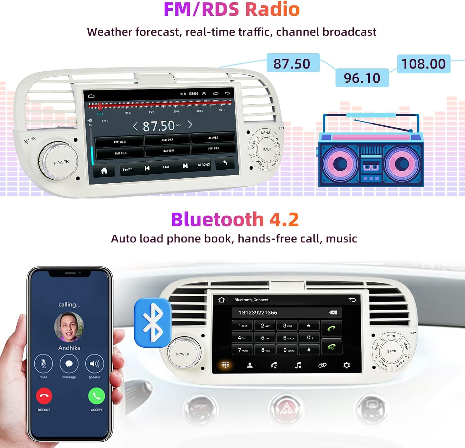 FM/RDS Radio interface and Bluetooth 4.2 call screen