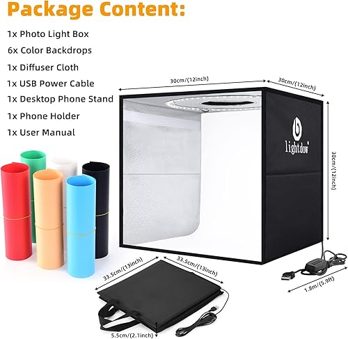 Miniatura 2 de Lightdow Caja de luz de estudio fotográfico de 12 x 12 x 12 pulgadas con trípode de escritorio y 120 LED (CRI95), 6 telones de fondo, tiendas de