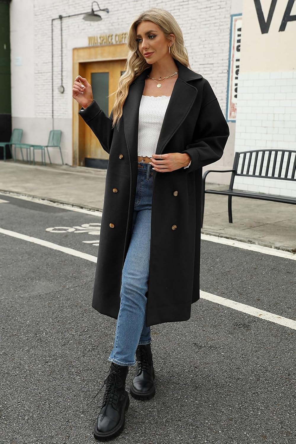 BZB Women's Long Coat Notched Lapel Collar Double Breasted Pea Coat Winter Elegant Wool Blend Over Coats Jackets - Image 7