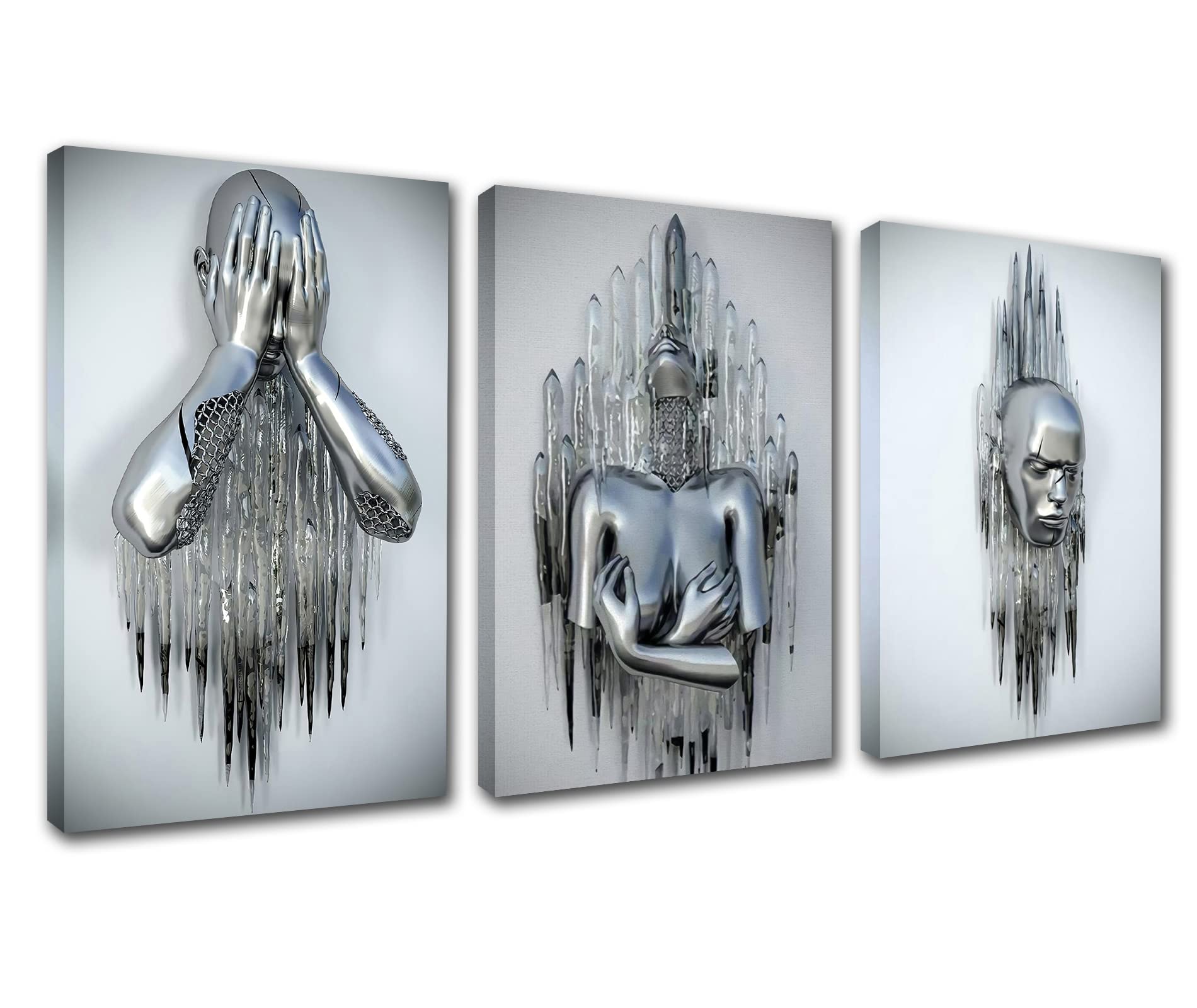 Modern Abstract Canvas Painting Silver Metal Figure Wall Art for Living Room 3 Piece Panel Canvas Black and White Wall Art Home Decor for Living Room Giclee Framed Stretched Ready to Hang 42''Wx20''H