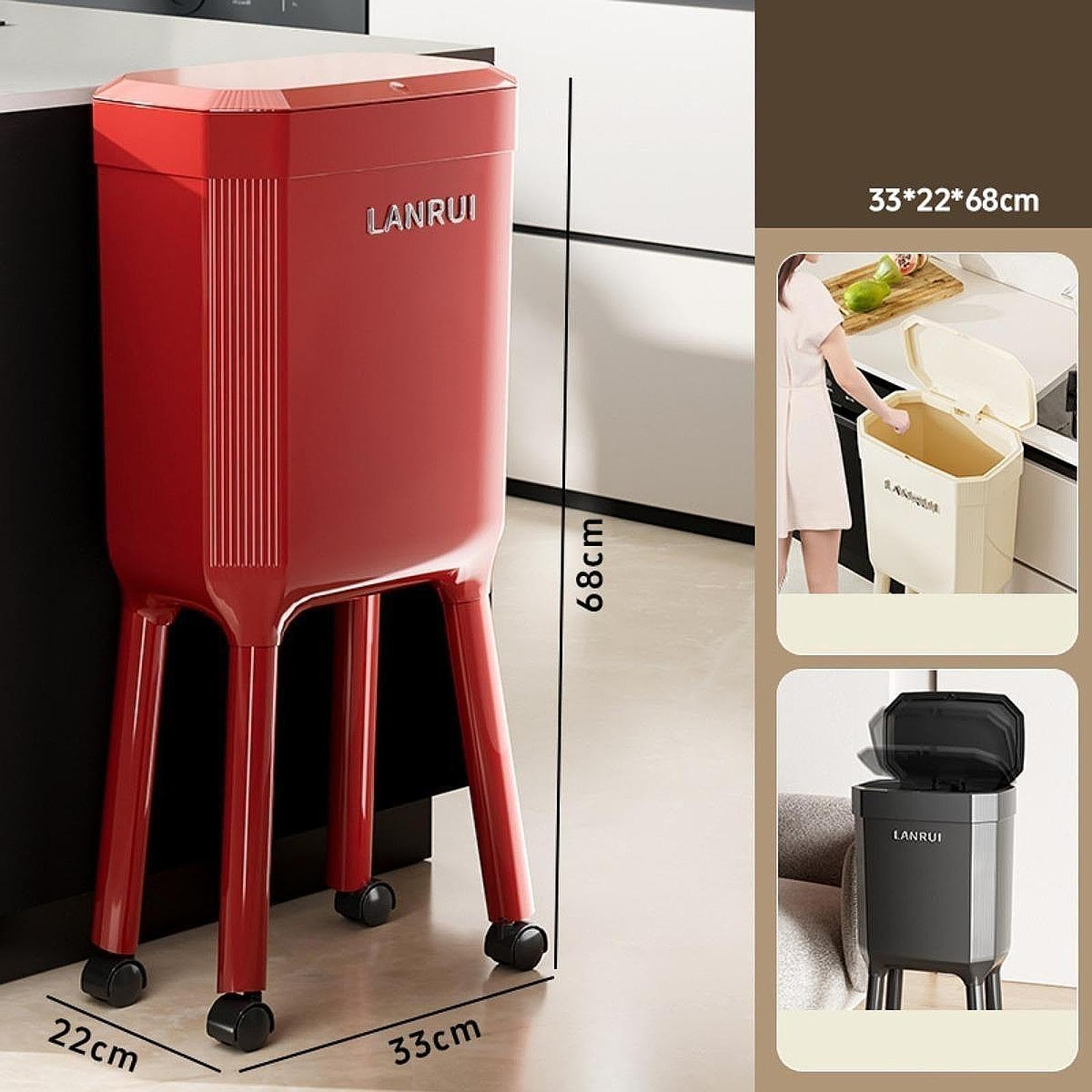 Papelera a presión con ruedas, cubo para papel de desecho, cubo de basura versátil, cesta minimalista para baño y dormitorio, rojo