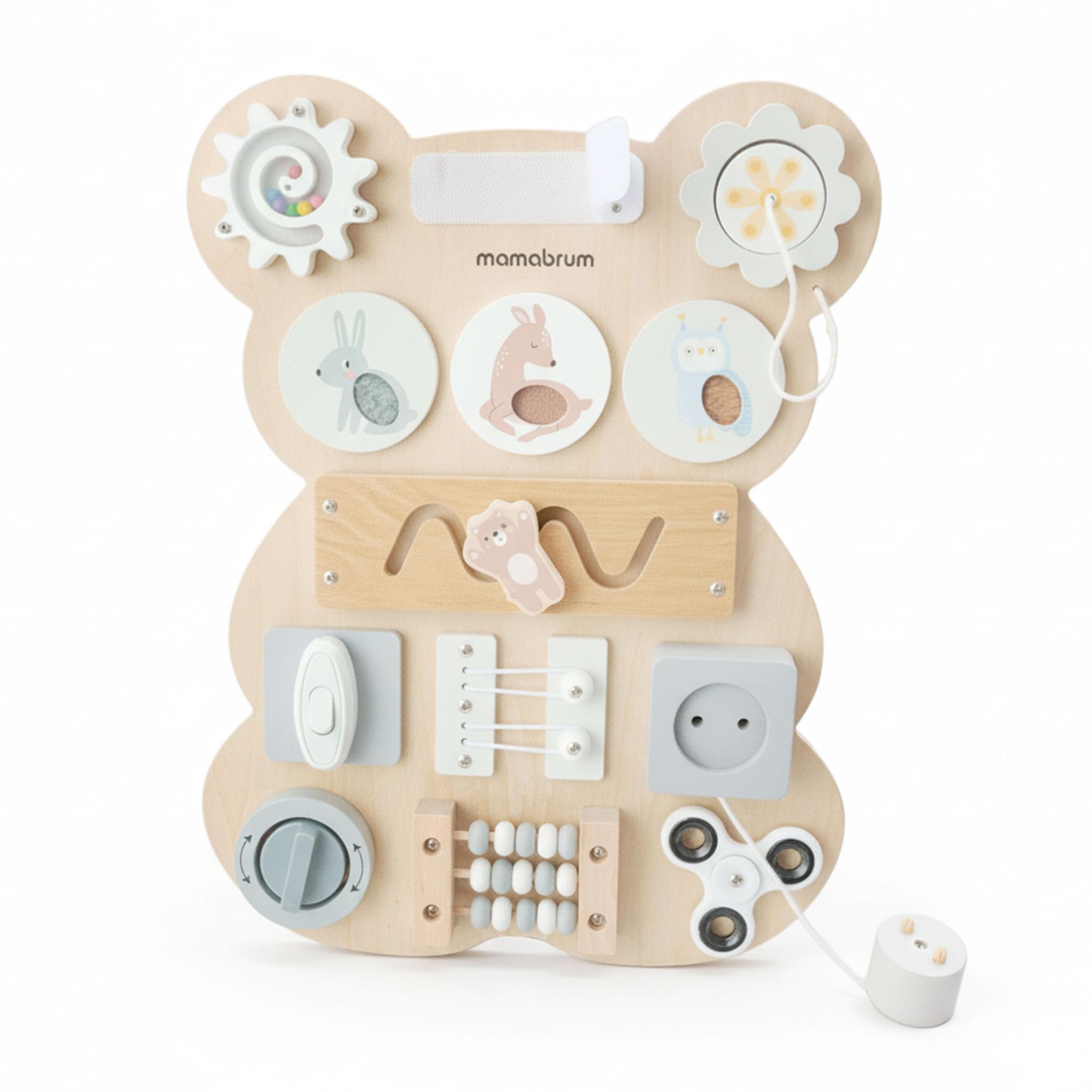 mamabrum Tabla Sensorial Montessori Oso – Juego Educativo Manipulación & Motricidad, Laberinto, Velcro, Enchufe & Botón Clic, Madera Sólida, Desarrollo Coordinación Bebés Niños