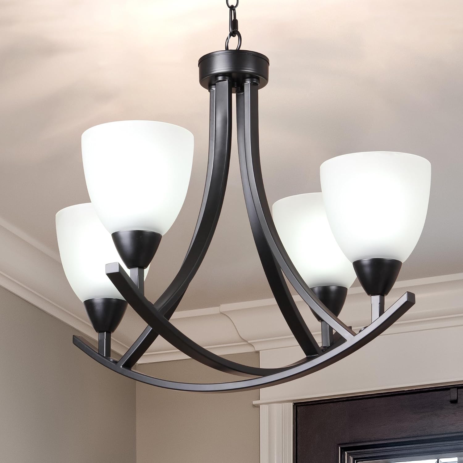 Modern Black Farmhouse Chandeliers with Frosted Glass Shaded, Vintage Ceiling Light Fixtures for Dining Room, Rustic Chandelier 4-Lights Pendant Light for Entryway, Foyer, Kitchen, Bedroom, E26 Bulb Black 4-Light Frosted Glass Shade