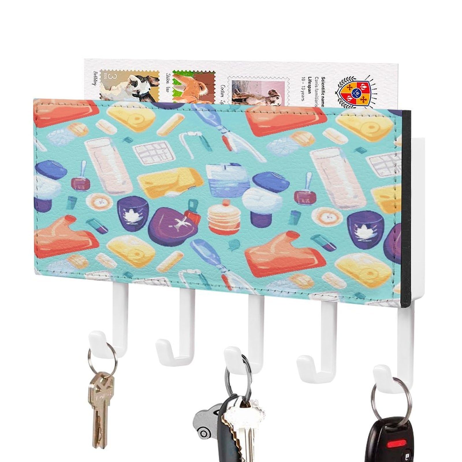 FekiLoot Gradient Medical Items Pattern Key Holder Wall Mount Key Hooks for Wall Decorative with 5 Hooks PU Mail Rack Organizer with Shelf for Entryway Mudroom Hallway Office 7.1X4.3 in