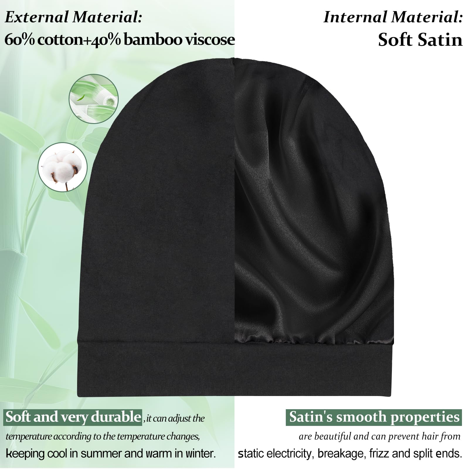 FADACHY Bonnet for Sleeping, Soft Satin Hair Wrap with High Elasticity Slouchy Beanie Hat for Hair Care, Unisex Chemo Headwear, Bamboo Viscose Black